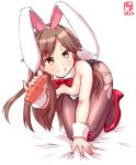  1girl all_fours alternate_costume animal_ears arashio_(kantai_collection) artist_logo bare_shoulders black_leotard blush bow bowtie breasts brown_legwear bunny_ears bunny_girl bunny_tail bunnysuit carrot cleavage commentary_request covered_navel cowboy_shot cum dated detached_collar fake_animal_ears high_heels highres kanon_(kurogane_knights) kantai_collection leotard looking_at_viewer pantyhose signature simple_background smile solo strapless strapless_leotard tail torn_clothes torn_legwear white_background wrist_cuffs 