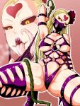  1girl arm_up armpits black_sclera blonde_hair bondage_outfit breasts covered_nipples crotch_zipper domino_mask hair_ornament half-closed_eyes heart highres kaijin_hime_do-s large_breasts lips looking_at_viewer mask medium_breasts monster_girl navel o-ring one-punch_man saliva sharp_teeth solo spread_legs squatting studiotagata teeth thighhighs underoob whip yellow_eyes zipper 