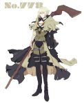 black_footwear boots bridal_gauntlets capelet clenched_hand full_body highres holding holding_staff mimikyu personification pokemon shioya_(soooooolt) simple_background staff standing stitches thigh_boots thighhighs white_background white_hair 
