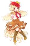  1girl :d arms_behind_back bird bird_wings blonde_hair blush boots brown_dress brown_footwear capelet chick dress eyebrows_visible_through_hair full_body head_tilt highres knee_boots knees_together_feet_apart layered_dress multicolored_hair neck_ribbon niwatari_kutaka open_mouth pote_(ptkan) puffy_short_sleeves puffy_sleeves red_eyes red_hair red_neckwear ribbon short_hair short_sleeves simple_background sitting sitting_on_hand smile solo tail touhou two-tone_hair white_background wings 