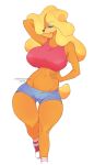  2019 anthro bandicoot big_breasts blonde_hair bottomwear breasts cherrikissu clothing crash_bandicoot_(series) digital_media_(artwork) eyeshadow female green_eyes hair hand_behind_head hi_res lipstick long_hair makeup mammal marsupial midriff naughty_dog navel nipple_outline shirt shorts signature simple_background sneakers solo sony_corporation sony_interactive_entertainment tank_top tawna_bandicoot topwear video_games white_background 