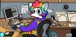  anthro canid canine canis clothing clown computer costume desk fur gloves hair hi_res keyboard looking_at_viewer makeup male mammal meme multicolored_hair parody polka_dots rainbow_hair rubber_nose sitting skribbleydoo solo typing white_fur wolf 