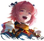  1boy armor astolfo_(fate) black_bow black_ribbon blush bow commentary eyebrows_visible_through_hair fang fate/apocrypha fate_(series) hair_intakes hair_ribbon half-closed_eyes highres imizu_(nitro_unknown) looking_at_viewer male_focus multicolored_hair open_mouth otoko_no_ko pauldrons pink_hair purple_eyes ribbon simple_background smile solo streaked_hair teeth upper_body white_background 