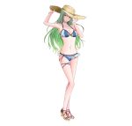  1girl aplche bikini bracelet breasts cleavage closed_mouth fire_emblem fire_emblem:_souen_no_kiseki full_body green_eyes green_hair hands_on_headwear hat high_heels highres jewelry long_hair navel nephenee sandals simple_background solo sun_hat swimsuit thigh_strap white_background 