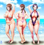 3girls arm_behind_head armpits artist_name ass asymmetrical_bangs backpack bag bangs barefoot beach belly_chain bikini blunt_bangs blush breasts brown_eyes brown_hair closed_mouth cloud collarbone commentary_request curvy dated eyebrows_visible_through_hair full_body glasses glint hand_on_hip hands_on_hips highleg highleg_bikini highleg_swimsuit highres hyji jewelry large_breasts lips long_hair looking_at_viewer looking_back mature medium_hair micro_bikini monochrome multiple_girls navel o-ring o-ring_bikini ocean one-piece_swimsuit open_mouth original parted_bangs pink_bikini plump purple_bikini purple_eyes purple_hair short_hair side-tie_bikini sidelocks signature skindentation sky slingshot_swimsuit smile standing string_bikini swimsuit thick_thighs thighs thong toes water wet white_bikini 