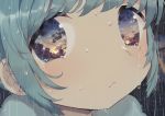  1girl bangs blue_hair blush building closed_mouth commentary crying face niizuka_(c-drop) original outdoors portrait rain reflection reflective_eyes solo sunset water 