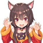  1girl :d animal_ears bangs bare_shoulders bell brown_hair cat_ears chomusuke claw_pose collar collarbone commentary_request creature dress fang hands_up jingle_bell kemonomimi_mode kono_subarashii_sekai_ni_shukufuku_wo! long_sleeves looking_at_viewer megumin off-shoulder_dress off_shoulder open_mouth pensuke red_dress red_eyes short_hair_with_long_locks simple_background smile upper_body v-shaped_eyebrows white_background wide_sleeves 