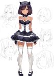  1girl black_hair breasts cleavage corset highres legs monochrome morikawa_(futomayu) red_eyes short_hair skirt 