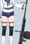  1girl aohashi_ame arm_at_side ass_visible_through_thighs belt black_legwear blue_background boots character_request commentary_request drum_magazine flip_up_sight garter_straps gun knee_boots machine_gun school_swimsuit school_uniform serafuku skindentation solo strike_witches swimsuit thighhighs thighs weapon world_witches_series 