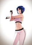  1girl abs axia-chan black_gloves blue_eyes blue_hair breasts ciel crossed_arms fingerless_gloves gloves groin highres medium_breasts navel open_mouth pants short_hair solo sports_bra stretch sweat sweatpants tsukihime white_background 