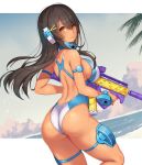  1girl 2d ass beach blue_swimsuit bracelet breasts brown_hair competition_swimsuit cowboy_shot dutch_angle eyebrows_visible_through_hair from_behind hair_between_eyes headgear jewelry large_breasts long_hair looking_back one-piece_swimsuit original outdoors outside_border sideboob smile solo swimsuit thigh_strap water_gun wet yellow_eyes 
