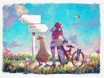  1girl bicycle bike_shorts black_legwear black_shorts blue_sky brown_hair combusken from_behind full_body ground_vehicle haruka_(pokemon) jacket latias miniskirt mu_acrt pokemon pokemon_(game) pokemon_rse red_bandana red_footwear red_jacket shoes short_shorts short_sleeves shorts shorts_under_skirt skirt sky sneakers socks standing twintails white_skirt 