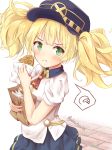  1girl :t bag bangs black_headwear blonde_hair blue_skirt blush closed_mouth collared_shirt commentary_request eating eyebrows_visible_through_hair flat_cap food green_eyes hat highres holding holding_bag holding_food long_hair looking_at_viewer mizutan64 monica_weisswind paper_bag pleated_skirt princess_connect! princess_connect!_re:dive puffy_short_sleeves puffy_sleeves red_neckwear shirt short_sleeves skirt solo spoken_squiggle squiggle taiyaki twintails twitter_username v-shaped_eyebrows wagashi white_background white_shirt 