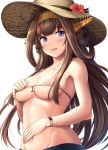  1girl :d anchor_symbol bangs bare_shoulders bikini blue_shorts blush breasts brown_hair casual collarbone double_bun eyebrows_visible_through_hair flower groin hand_on_own_chest hand_on_own_stomach hat hat_flower headgear hibiscus highres ichikawa_feesu kantai_collection kongou_(kantai_collection) long_hair looking_at_viewer navel open_mouth pink_bikini purple_eyes shorts sidelocks simple_background smile solo stomach straw_hat swimsuit tareme very_long_hair watch white_background wristwatch 