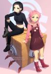  2girls aelita artist_name belt black_footwear black_hair black_pants boots brown_eyes code_lyoko crop_top dav-19 deviantart_username green_eyes highres hood hood_down hoodie ishiyama_yumi long_sleeves looking_at_viewer multiple_girls navel overalls pants pink_hair short_hair sitting sleeves_past_wrists standing tumblr_username watermark web_address 