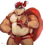  anthro bag bakemonoy bell_collar body_hair bowser bulge chest_hair christmas clothing collar hair hat headgear headwear hi_res holidays holly_(disambiguation) horn jockstrap koopa male mario_bros mistletoe musclegut muscular muscular_male nintendo pecs plant red_hair reptile santa_hat scalie solo underwear video_games 