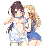  2girls ass ass_visible_through_thighs bangs blonde_hair breasts breasts_apart brown_hair cowboy_shot eyebrows_visible_through_hair food hood hood_down hoodie kurozu long_hair looking_at_viewer medium_breasts multiple_girls naked_hoodie navel no_bra original ponytail popsicle purple_eyes sideboob sleeveless standing white_background yellow_eyes zipper_pull_tab 