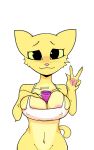  anthro areola bethesda_softworks big_breasts bottomless breasts cleavage clothed clothing dbaru digital_media_(artwork) dildo felid female fur gesture grin hi_res katia_managan khajiit looking_at_viewer mammal midriff navel nipple_outline prequel sex_toy shirt simple_background skimpy smile solo standing tank_top the_elder_scrolls tight_clothing topwear v_sign vibrator video_games webcomic white_background yellow_fur 