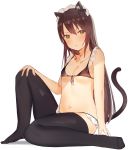  1girl absurdres animal_ears bangs bare_arms bare_shoulders bikini black_bikini black_bow black_legwear blush bow breasts brown_eyes brown_hair cat_ears cat_girl cat_tail cleavage collarbone commentary_request eyebrows_visible_through_hair fang front-tie_top full_body hair_between_eyes hair_bow highres idemitsu knee_up long_hair looking_at_viewer maid maid_headdress navel no_shoes original parted_lips simple_background sitting small_breasts solo swimsuit tail tail_raised thighhighs very_long_hair white_background 