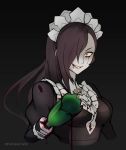  1girl alcohol apron black_hair blood broken_bottle broken_glass dripping_mascara fire_emblem flora_(fire_emblem_if) glass long_hair looking_at_viewer maid maid_apron maid_headdress pale_skin phiphi-au-thon ponytail red_eyes sanpaku wine yandere 