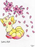  2019 absurd_res ambiguous_gender chibi fak&eacute;mon fan_character flower fur hi_res invalid_tag looking_at_viewer mammal mensen mensen_(artist) multi_tail ninetales nintendo paws petals plant pok&eacute;mon pok&eacute;mon_(species) red_eyes sakura signature simple_background solo video_games white_background worried young 