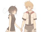  ... 1boy 1girl ? black_hair blonde_hair blush highres holding_hands jewelry kingdom_hearts kingdom_hearts_iii looking_at_another necklace printemps roxas short_hair simple_background sketch skirt sleeveless spiked_hair spoken_ellipsis upper_body white_background wristband xion 