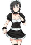  1girl alternate_costume antenna_hair black_eyes black_hair black_legwear black_skirt breasts bustier choker cleavage collarbone cowboy_shot enmaided eyebrows_visible_through_hair hair_between_eyes highres idolmaster idolmaster_(classic) kikuchi_makoto looking_at_viewer maid maid_headdress miniskirt short_hair short_sleeves simple_background skirt skirt_hold small_breasts smile solo standing thighhighs tsurui upper_body white_background wrist_cuffs zettai_ryouiki 