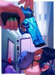  ayumi_(830890) black_hair blood blurry blurry_background close-up commentary elevator gun_to_head highres interior looking_up nail_art nail_polish original oxygen_mask red_eyes signature water water_gun 