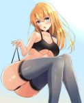  1girl alternate_costume bikini bismarck_(kantai_collection) black_bikini blonde_hair blue_eyes blush breasts eyebrows_visible_through_hair gradient gradient_background grey_legwear hair_between_eyes highres kantai_collection large_breasts long_hair looking_at_viewer open_mouth solo swimsuit thighhighs toyomi_13 