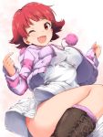  1girl boots breasts commentary_request dress highres idolmaster idolmaster_million_live! jacket large_breasts mp26player nonohara_akane one_eye_closed open_mouth red_eyes red_hair short_hair solo thighs white_dress 