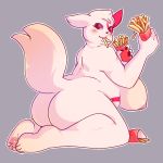  1:1 anthro big_breasts big_butt blush breasts butt eating female food fries fur grey_background lamm_(artist) looking_back mammal multicolored_fur nintendo nipples nude overweight overweight_female pok&eacute;mon pok&eacute;mon_(species) red_fur simple_background solo two_tone_fur video_games wariza white_fur zangoose 
