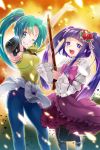  2girls :d aqua_hair arm_up bangs black_legwear blue_eyes blue_pants blunt_bangs character_request choker clothes_around_waist collarbone floating_hair flower grin gun hair_flower hair_ornament hair_ribbon higurashi_no_naku_koro_ni holding holding_gun holding_weapon layered_sleeves leg_up lolita_fashion long_hair long_sleeves looking_at_viewer mary_janes multiple_girls one_eye_closed open_mouth pants pantyhose pink_neckwear ponytail purple_hair red_flower ribbon rifle shiny shiny_hair shirt shoes short_sleeves smile sonozaki_mion standing standing_on_one_leg sweater sweater_around_waist twintails very_long_hair weapon white_footwear white_ribbon white_sweater yellow_shirt yukian 