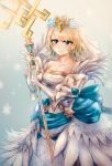  1girl blonde_hair blue_eyes bride closed_mouth crown dress earrings feather_trim feh_xeri fire_emblem fire_emblem_heroes fjorm_(fire_emblem_heroes) flower hair_flower hair_ornament highres holding holding_staff jewelry short_hair simple_background solo staff strapless strapless_dress veil wedding_dress white_dress 