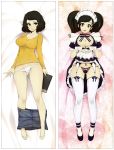  1girl ass_visible_through_thighs black_hair breasts cleavage commentary dakimakura dual_persona english_commentary garter_straps heart heart_hands highres kawakami_sadayo looking_at_viewer lying maid maid_headdress messy_hair multiple_views on_back open_mouth panties persona persona_5 revision shirt short_hair skirt skirt_around_one_leg slugbox smile striped striped_shirt thighhighs twintails underwear white_legwear white_panties 