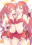  2girls bikini fingerless_gloves fire_emblem fire_emblem:_kakusei fire_emblem_heroes flower gloves hair_ornament long_hair matching_outfit mother_and_daughter multiple_girls navel open_mouth piggybank_(pixiv) red_bikini red_eyes red_hair selena_(fire_emblem) swimsuit tiamo twintails 