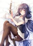  1girl :o akashio_(loli_ace) azuma_(azur_lane) azur_lane bangs bed_sheet between_legs black_hair black_legwear blush breasts brown_eyes brown_legwear collarbone collared_shirt corset dress_shirt eyebrows_visible_through_hair fingernails flower gloves hair_between_eyes hair_flower hair_ornament hairclip highres holding holding_sheath holding_sword holding_weapon huge_breasts katana large_breasts long_hair looking_at_viewer lying no_shoes on_side open_mouth panties panties_under_pantyhose pantyhose parted_lips pillow sheath sheathed shirt short_sleeves skirt solo sword thighband_pantyhose underwear very_long_hair weapon white_flower white_shirt white_skirt 