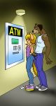  absurd_res anthro atm blonde_hair canid canine canis clothed clothing crime domestic_dog erection female fur hair hi_res humanoid_penis male mammal muscular muscular_male open_mouth pecs penis robbery smile standing topwear 