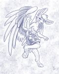  2019 anthro bedroom_eyes bottomwear breasts clothed clothing feathered_wings feathers female flinters fur hair half-closed_eyes hi_res lagomorph leporid looking_at_viewer mammal nipples rabbit seductive shorts solo topless wings 