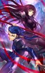  1boy 1girl black_gloves blue_bodysuit blue_hair bodysuit breasts fate/grand_order fate/stay_night fate_(series) full_body gae_bolg gloves hair_strand high_heels highres holding holding_spear holding_weapon lancer large_breasts long_hair looking_at_viewer nasaniliu polearm ponytail purple_bodysuit purple_hair red_eyes scathach_(fate)_(all) scathach_(fate/grand_order) smile spear teacher_and_student weapon 