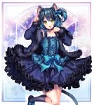  1boy :d animal_ears bangs bare_shoulders blue_dress blue_hair bow buttons cat_ears cat_tail choker commission dress fang feet_out_of_frame frilled_dress frills fur_trim green_eyes hair_between_eyes hair_bow highres kneehighs long_sleeves looking_at_viewer open_mouth otoko_no_ko paw_pose ryoune_yami sasucchi95 short_hair side_ponytail smile socks solo tail utau 