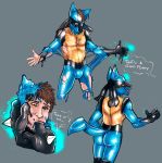  2019 anthro bulge butt clothing dialogue goo_transformation grey_background hi_res human human_to_anthro latex_transformation lucario male mammal mind_control nintendo open_mouth petplay pok&eacute;mon pok&eacute;mon_(species) roleplay rubber sequence simple_background smile species_transformation spiceboybebop suit surprise transformation transformation_sequence video_games 