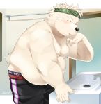  2019 anthro belly blush bottomwear butt clothing detailed_background fur hi_res humanoid_hands male mammal moobs nikiciy nipples one_eye_closed overweight overweight_male polar_bear shirou_(nikiciy) shorts solo underwear ursid ursine white_fur wink 