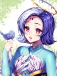  1girl animal artist_name bird blue_hair blush commission eyebrows_visible_through_hair halo highres holding holding_animal long_sleeves looking_at_viewer original parted_lips pink_eyes sasucchi95 short_hair sleeves_past_wrists solo upper_body watermark 