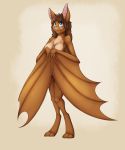  2019 anthro blue_eyes blush breasts brown_hair chest_tuft chiropteran cute_fangs female hair hi_res mammal nude simple_background solo standing tomek1000 tuft wings 