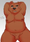  2019 anthro balls belly blue_eyes brown_fur english_text flaccid fur hi_res humanoid_penis male mammal moobs navel nipples overweight overweight_male penis solo teeth text tiri_mama ursid 