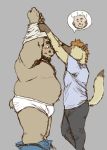  2019 anthro belly blush bulge butt clothing duo ena_(lm) hi_res humanoid_hands hyaenid love_mechanic male male/male mammal overweight overweight_male pants professor_fluff shirt spotted_hyena tom_(lm) topwear underwear undressing ursid 