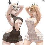  2girls armpits arms_behind_head arms_up artist_name artoria_pendragon_(all) artoria_pendragon_(lancer) azto_dio bangs black_sweater blonde_hair breasts cleavage crown dress eyebrows_visible_through_hair fate/grand_order fate_(series) green_eyes highres jewelry large_breasts looking_at_viewer meme_attire multiple_girls navel nipples parted_lips ribbed_sweater saber simple_background sweater tongue tongue_out turtleneck virgin_killer_sweater white_background yellow_eyes 