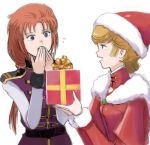  2girls audrey_burne belt box breasts christmas commentary_request gacha-m gift gift_box green_eyes gundam gundam_unicorn hat long_hair marida_cruz medium_breasts military military_uniform mineva_lao_zabi multiple_girls open_mouth orange_hair ponytail red_hair santa_costume santa_hat short_hair simple_background uniform white_background 