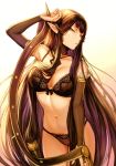  1girl absurdres bangs bare_shoulders black_bra black_hair black_panties bow bow_bra bra breasts bridal_gauntlets choker cleavage collarbone cowboy_shot detached_sleeves elf eyebrows_visible_through_hair fate/apocrypha fate/grand_order fate_(series) gradient gradient_background hair_between_eyes highres lace lace-trimmed_legwear large_breasts lingerie long_hair looking_at_viewer mashu_003 navel open_mouth panties pink_background pointy_ears ribbon-trimmed_bra scan semiramis_(fate) simple_background solo spikes thighhighs thighs title underwear underwear_only very_long_hair white_background yellow_background yellow_eyes 