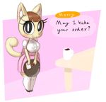  2019 animal_crossing anthro big_breasts bit-small breasts brown_hair clothed clothing domestic_cat felid feline felis female fur hair hi_res looking_at_viewer mammal merry_(animal_crossing) nintendo open_mouth simple_background smile solo standing text video_games waiter white_background white_fur 